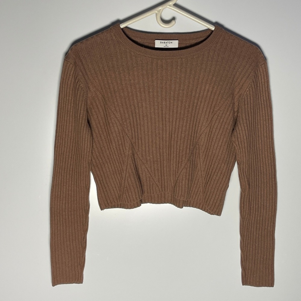 Babaton Aritzia Brown Ribbed Cropped Wool Blend Sweater XS Long Sleeve WLV1-3717